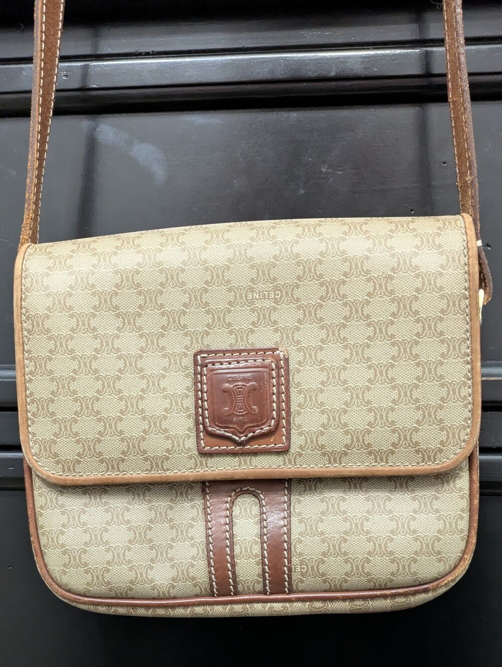 Celine Bag in Beige Monogram Canvas with Brown Trim